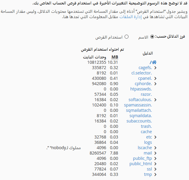 عرض مساحه الملفات من cpanel