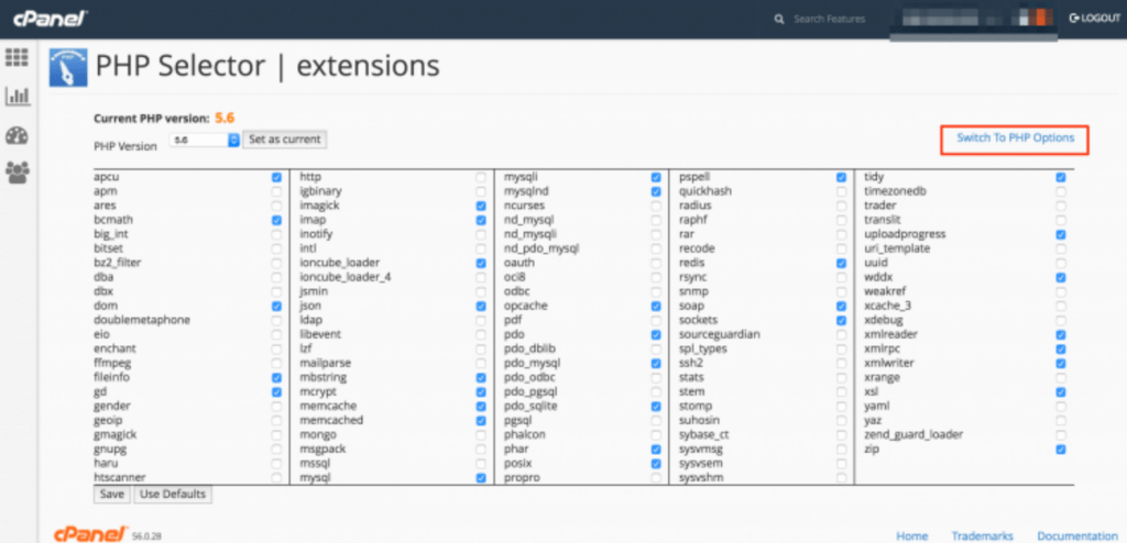 phpselector screen php version cpanel