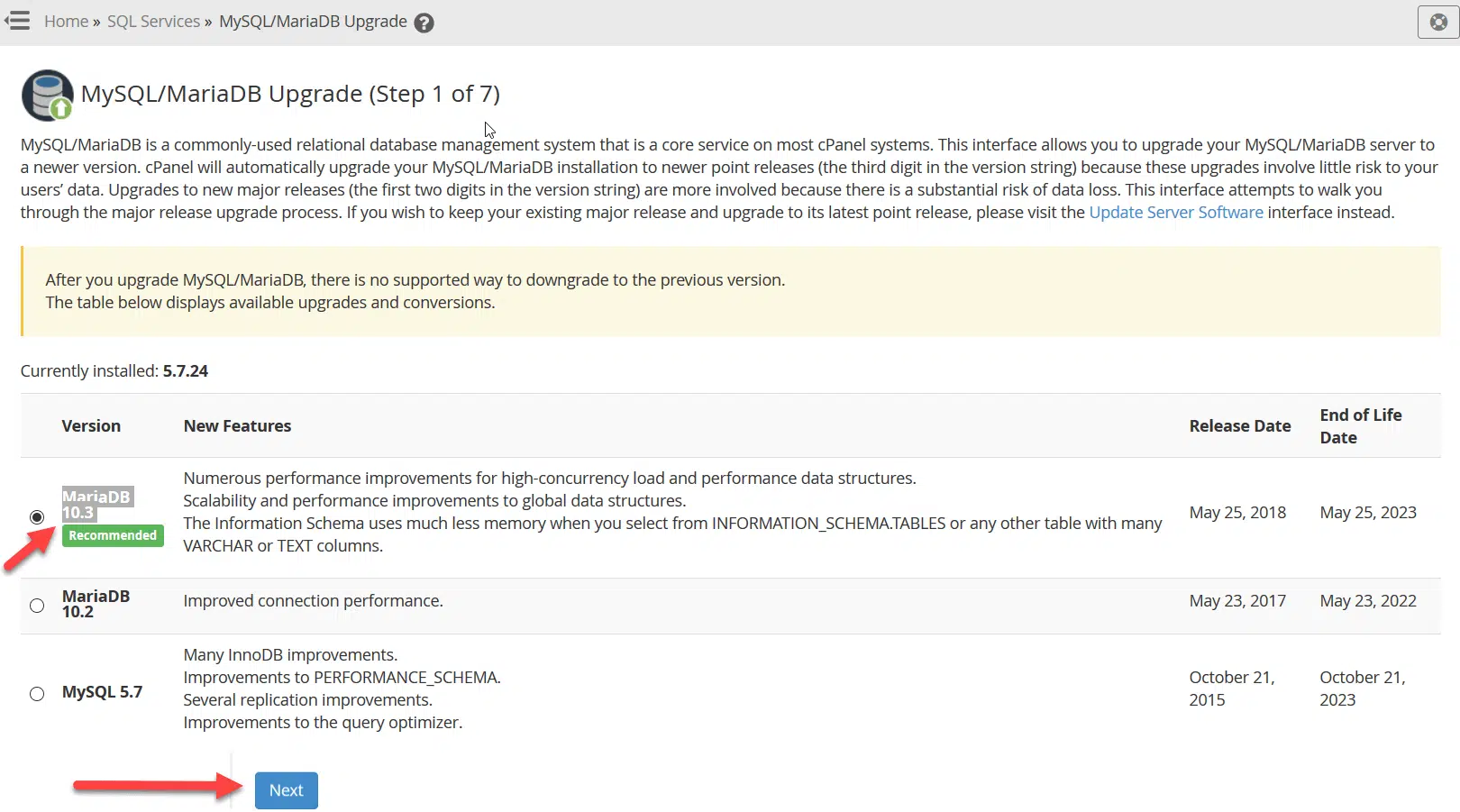 ترقية MySQL إلى MariaDB على خادم cPanel/whm