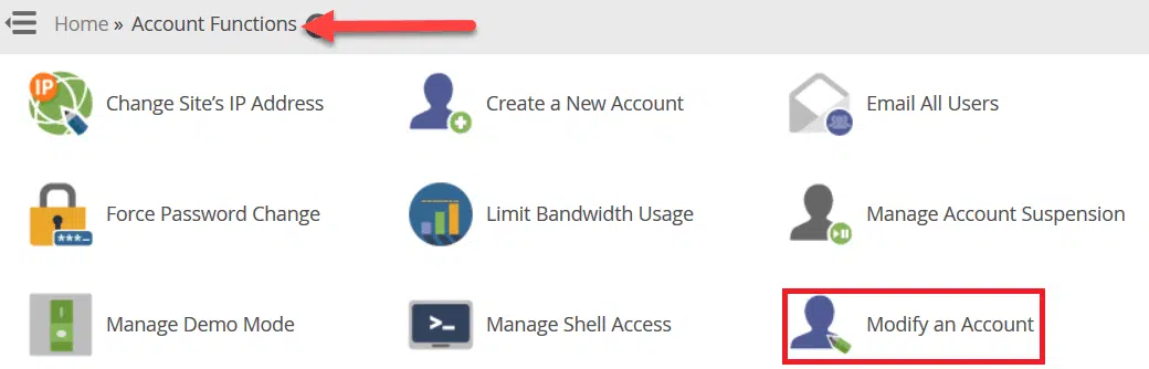  انتقل إلى "Modify an Account" اسفل "Account Functions"
