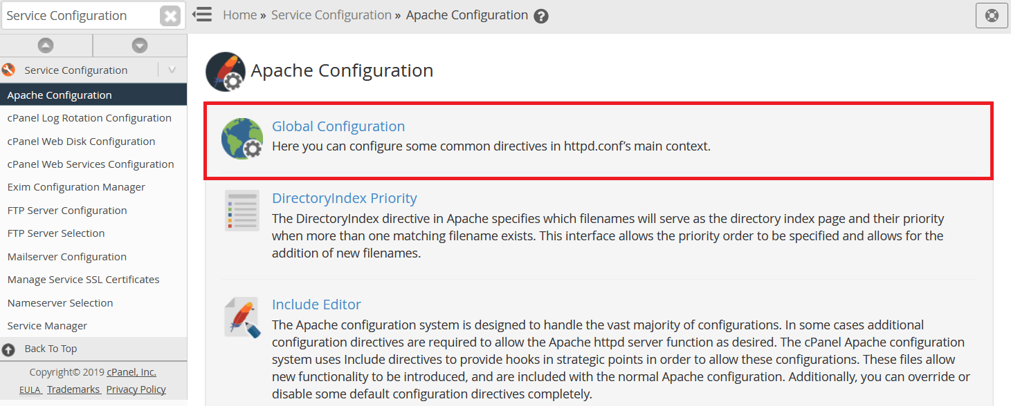في تكوين Apache Configuration حدد Global Configuration.