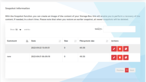 Create a snapshot of the storage box from the client area