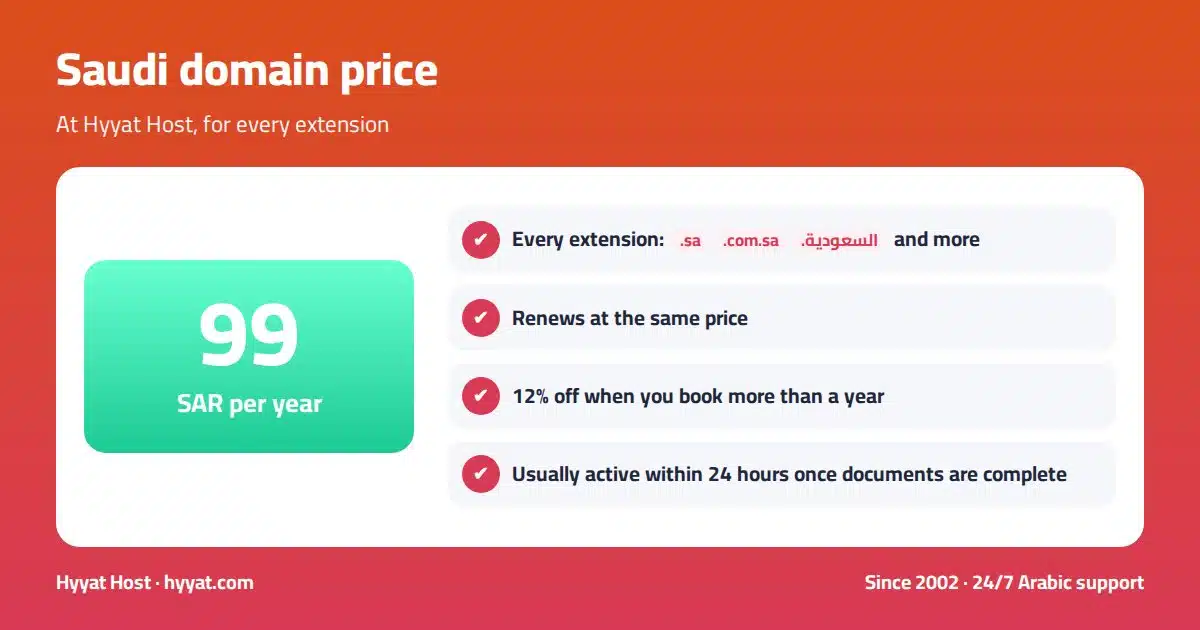 Saudi domain price at Hyyat Host: SAR 99 per year for every extension, same price at renewal