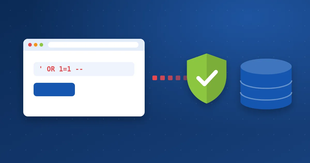 SQL injection attack: malicious code in a form field heading to a database, stopped by a shield
